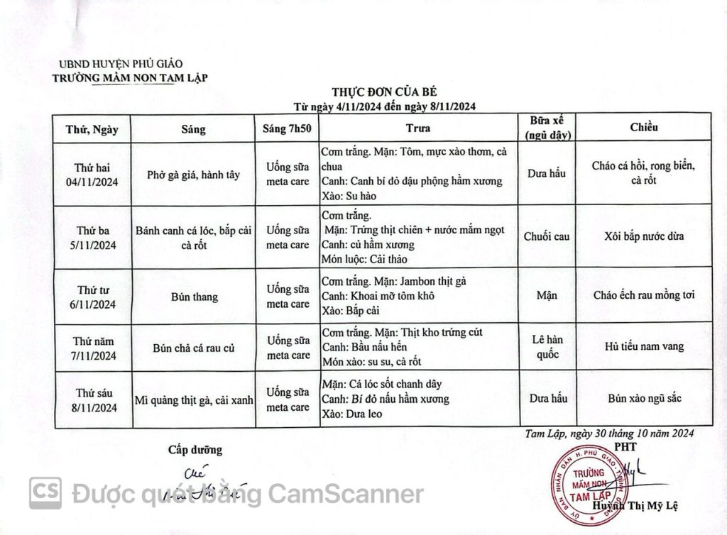 THỰC ĐƠN CỦA BÉ TỪ NGÀY 04-11 ĐẾN 08-11-2024