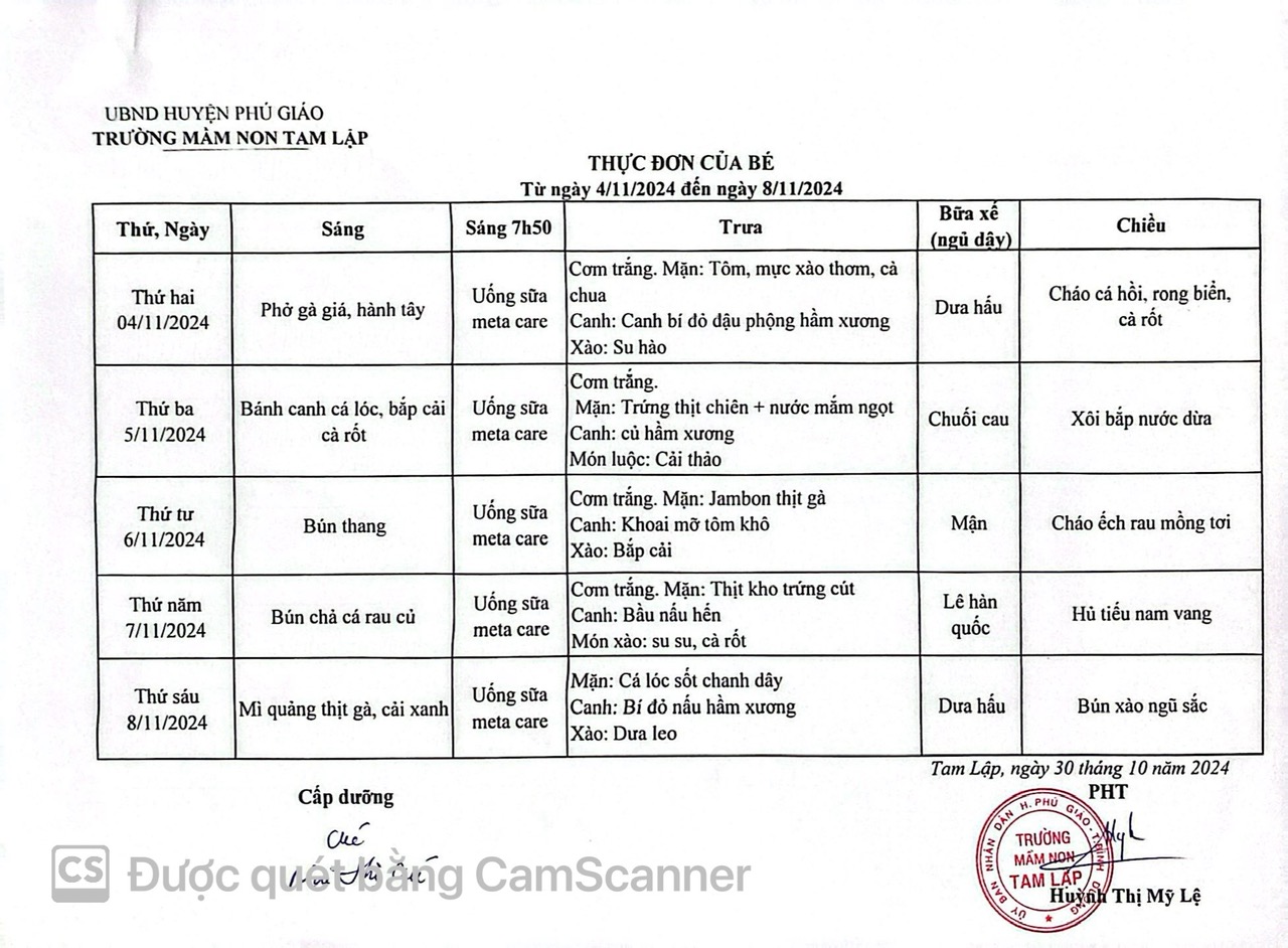 THỰC ĐƠN CỦA BÉ TỪ NGÀY 04-11 ĐẾN 08-11-2024