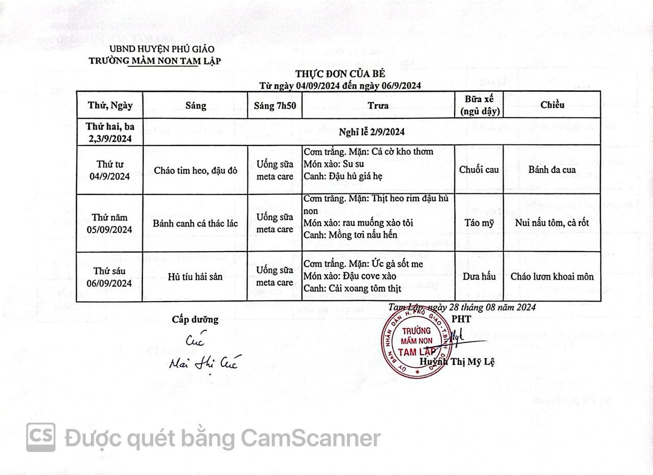 THỰC ĐƠN CỦA BÉ TỪ NGÀY 04-9 ĐẾN 9-09