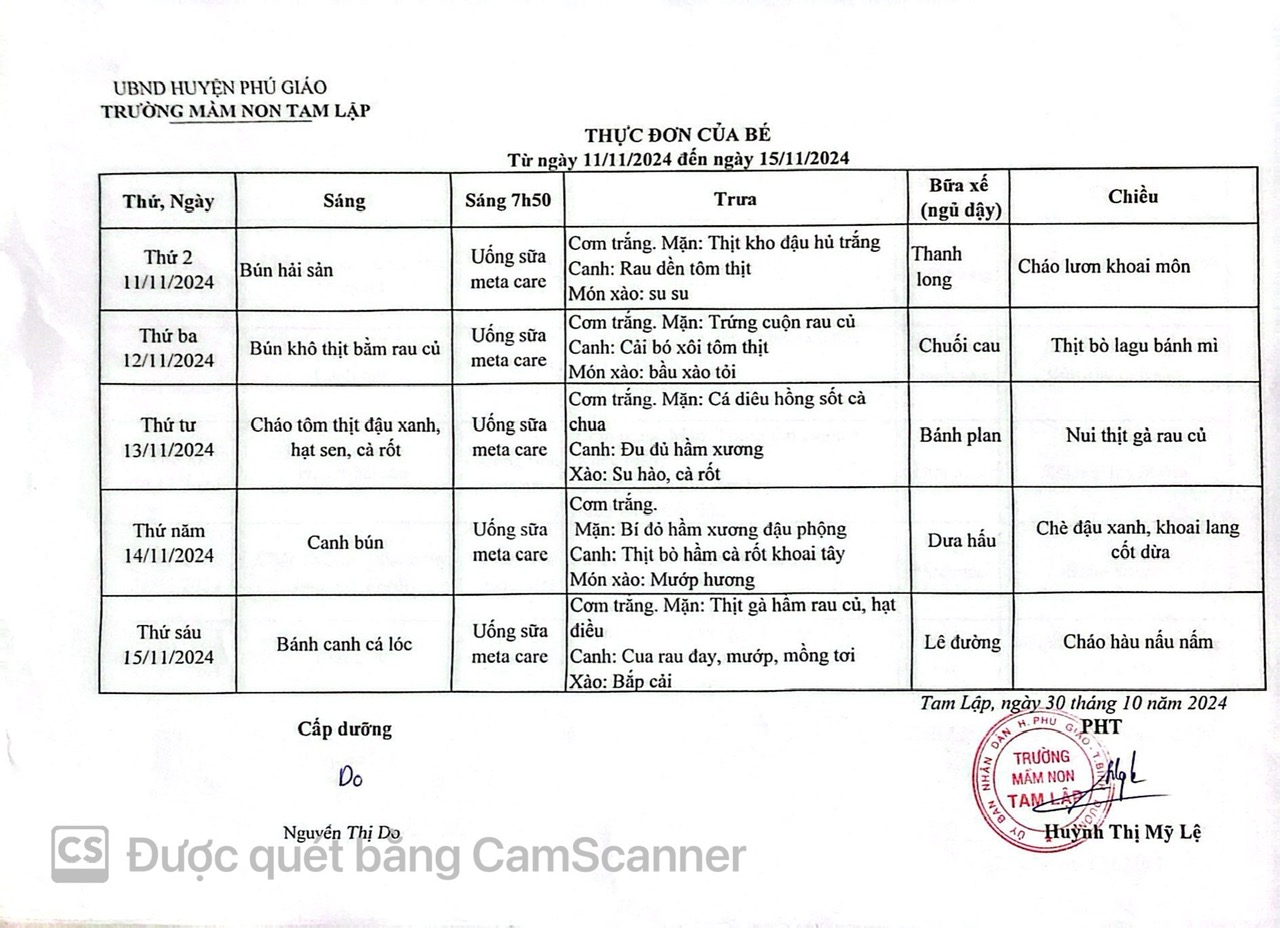 THỰC ĐƠN CỦA BÉ TỪ NGÀY 11-11 ĐẾN 15-11-2024