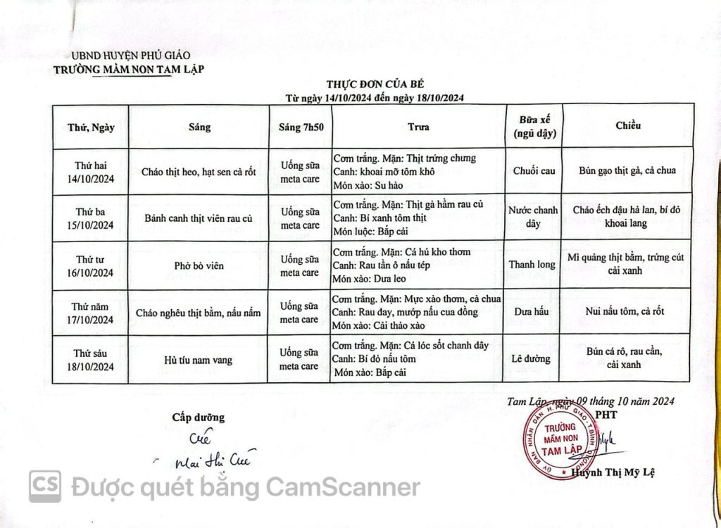 THỰC ĐƠN CỦA BÉ TỪ NGÀY 14-10 ĐẾN 18-10-2024