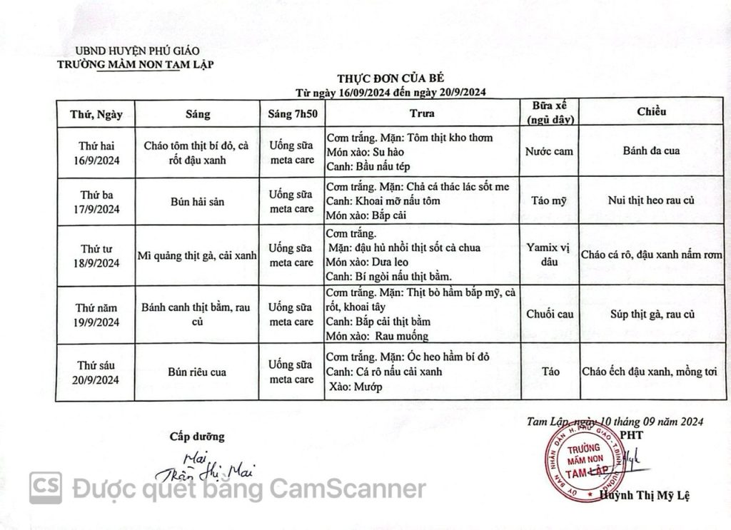 THỰC ĐƠN CỦA BÉ TỪ NGÀY 16-9 ĐẾN 20-09