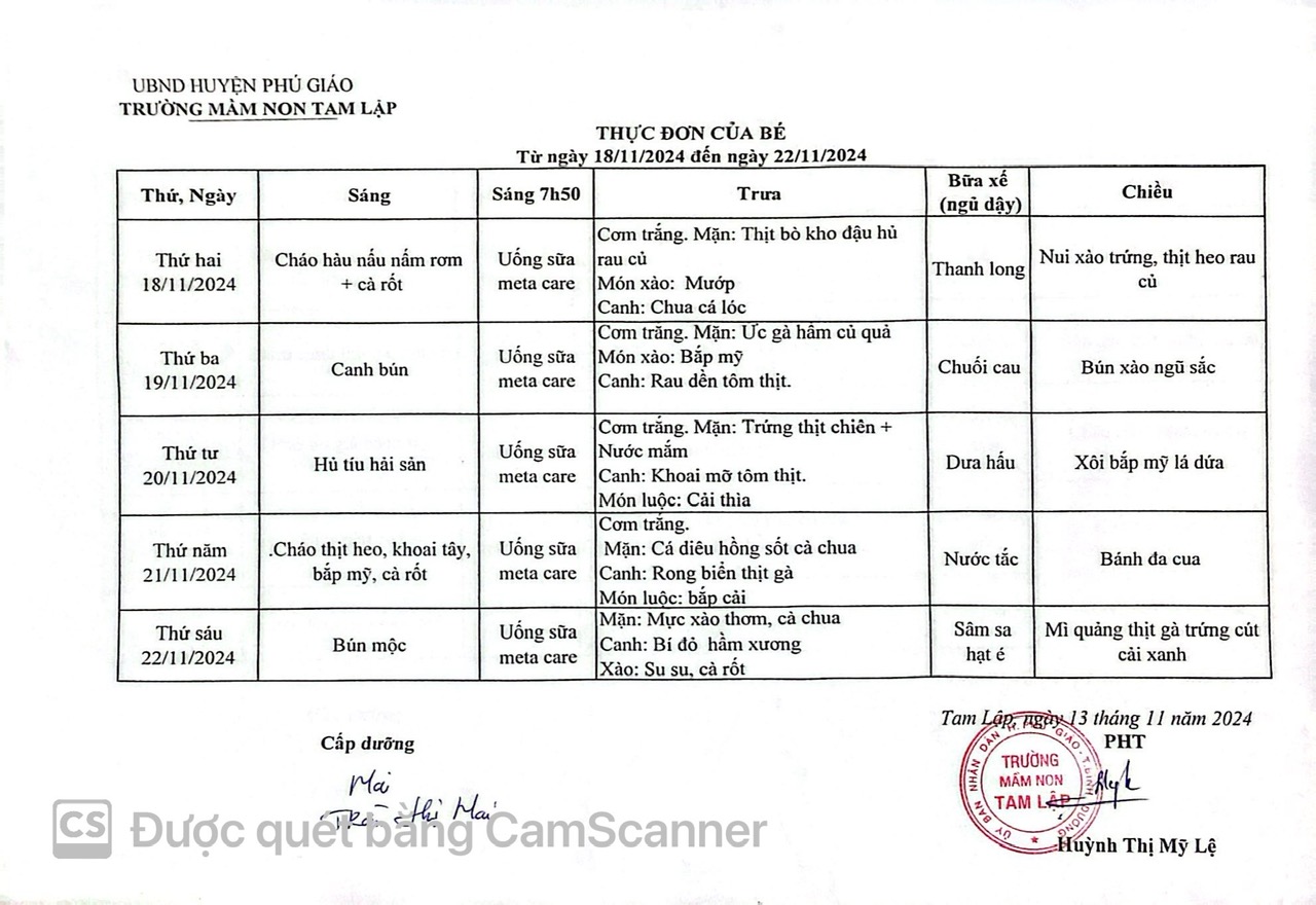 THỰC ĐƠN CỦA BÉ TỪ NGÀY 18-11 ĐẾN 22-11-2024