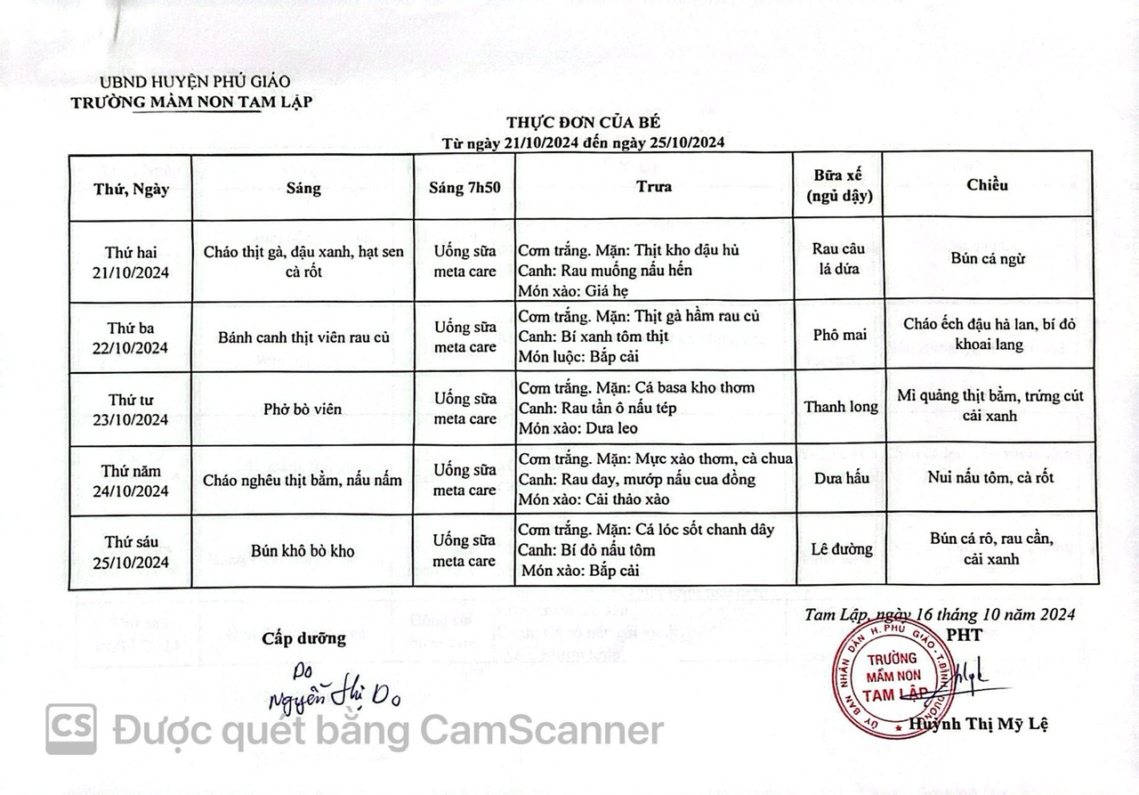 THỰC ĐƠN CỦA BÉ TỪ NGÀY 21-10 ĐẾN 25-10-2024