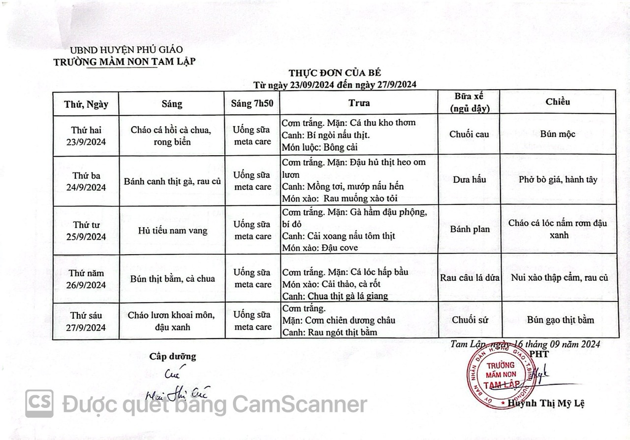 THỰC ĐƠN CỦA BÉ TỪ NGÀY 23-9 ĐẾN 27-09