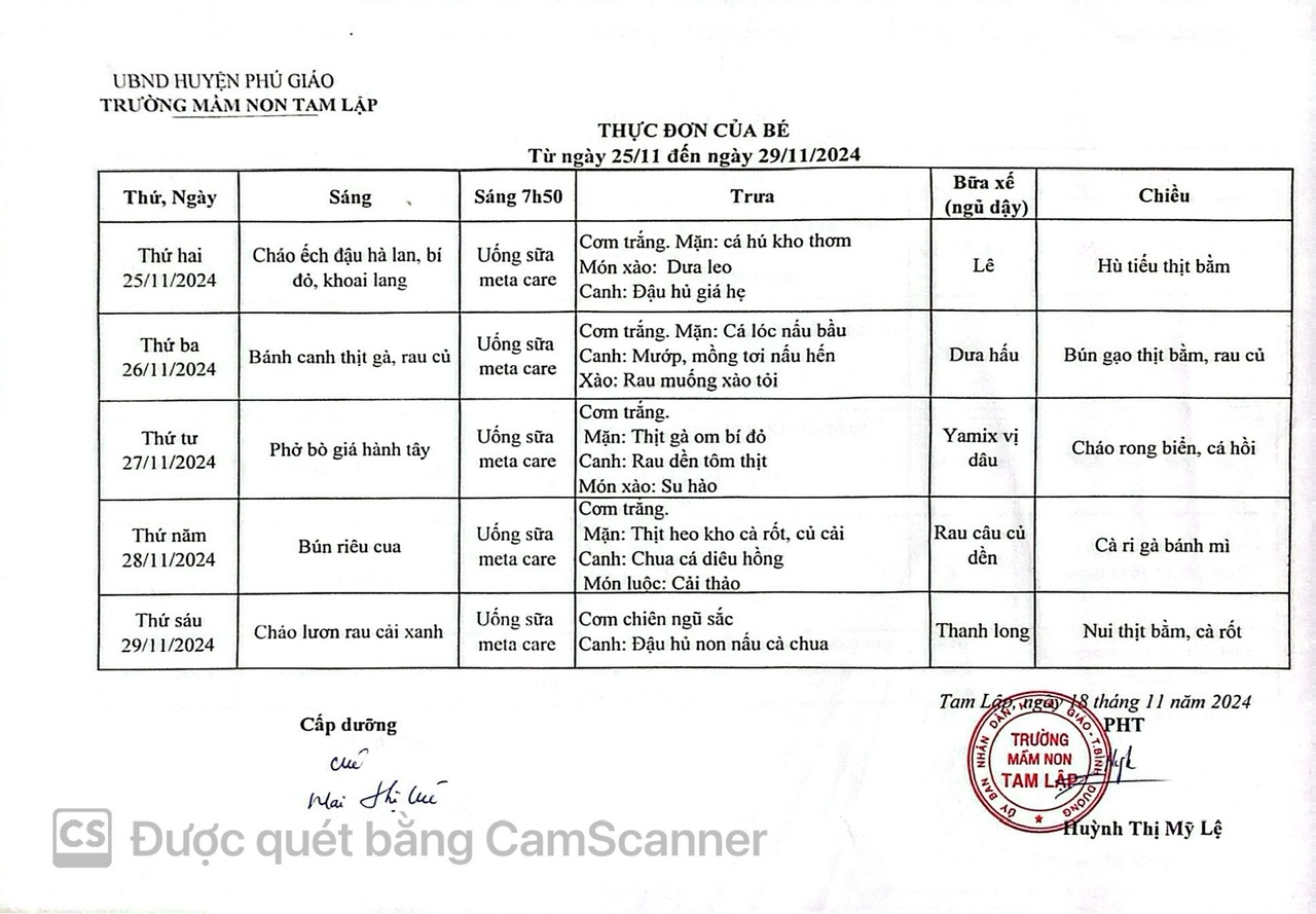 THỰC ĐƠN CỦA BÉ TỪ NGÀY 25-11 ĐẾN 29-11-2024