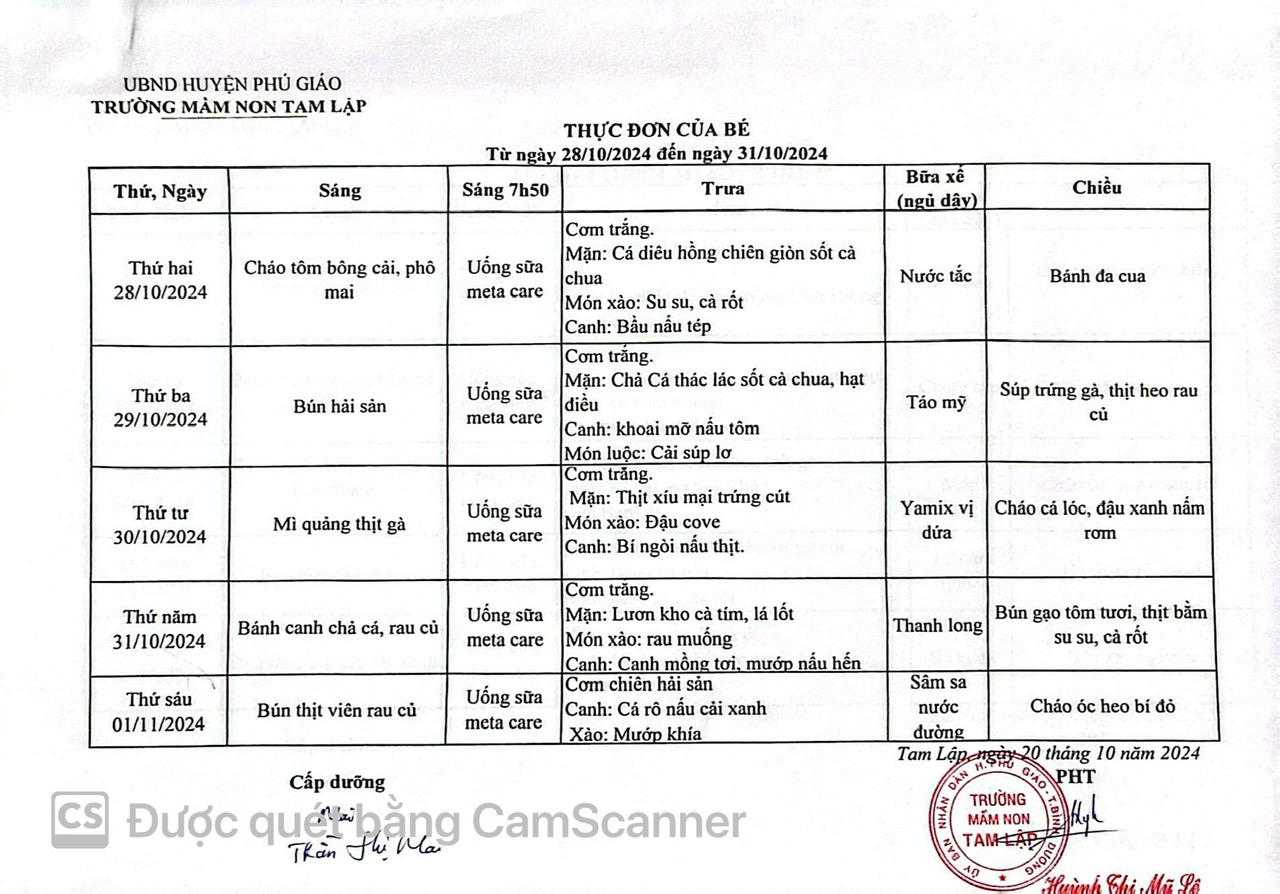 THỰC ĐƠN CỦA BÉ TỪ NGÀY  28-10 ĐẾN 31-10-2024