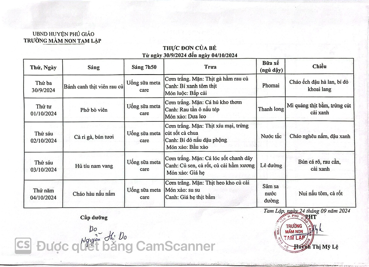 THỰC ĐƠN CỦA BÉ TỪ NGÀY 30-9 ĐẾN 04-10-2024