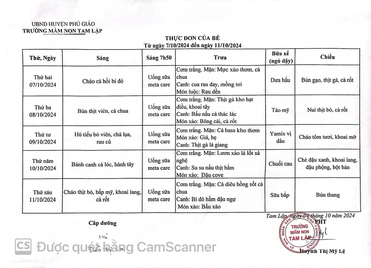 THỰC ĐƠN CỦA BÉ TỪ NGÀY 7-10 ĐẾN 11-10-2024