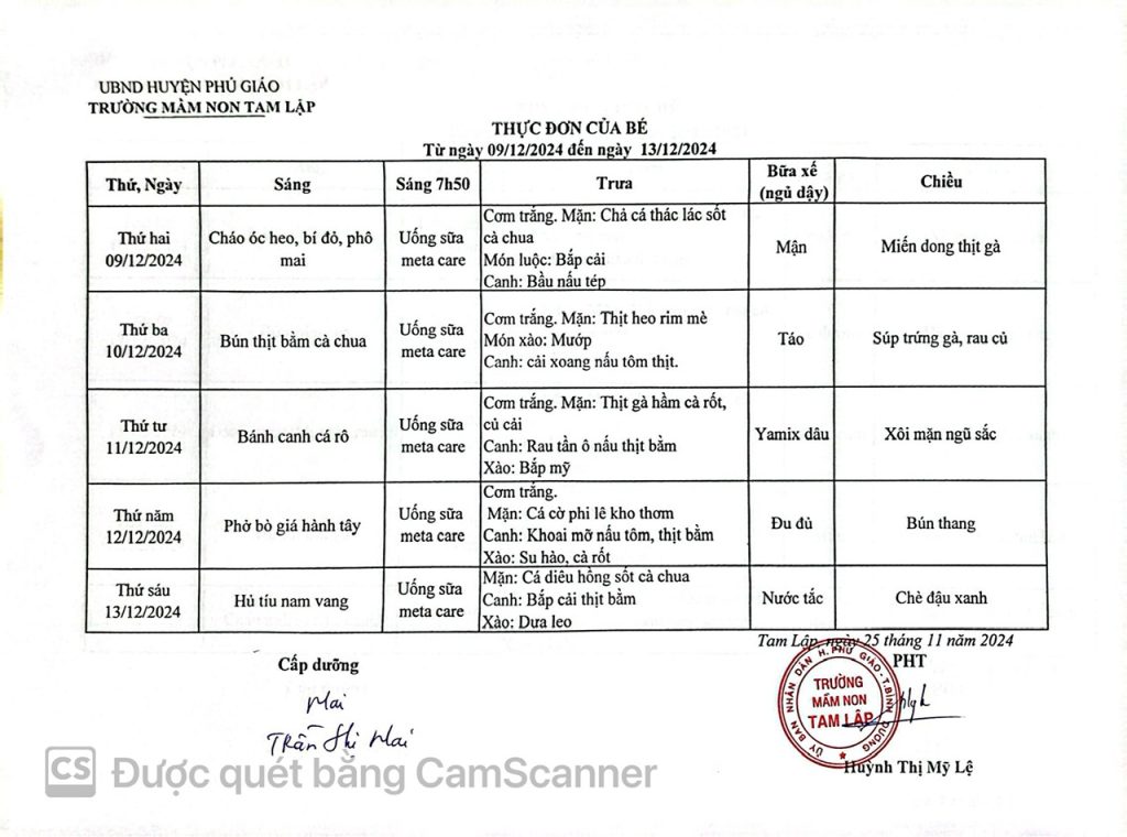 Thực đơn của bé Từ ngày 09-12 đến  13-12-2024