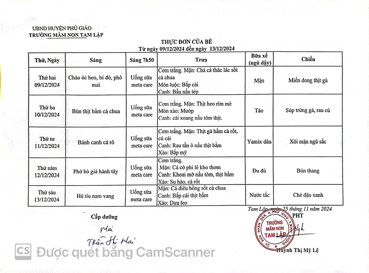 Thực đơn của bé Từ ngày 09-12 đến  13-12-2024