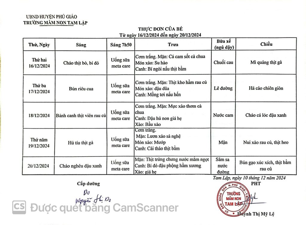 Thực đơn của bé Từ ngày 16-12 đến 20-12-2024