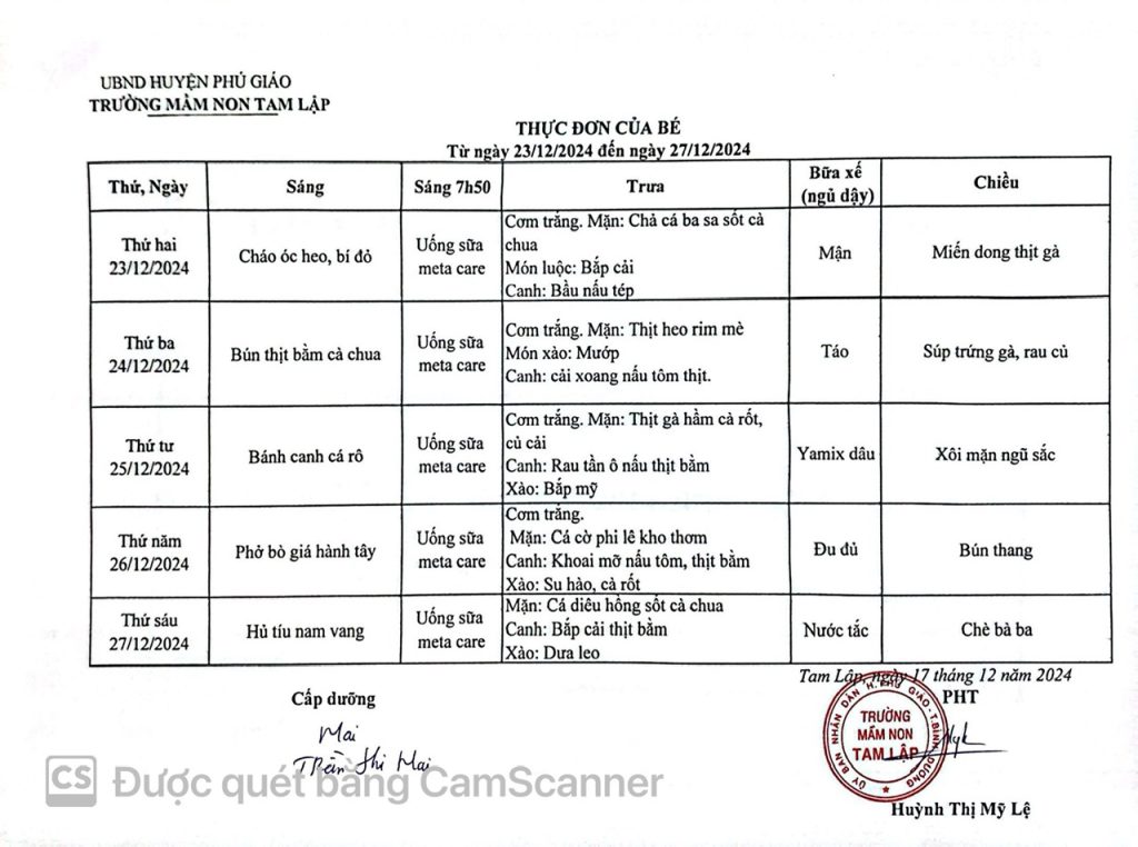 Thực đơn của bé Từ ngày 23-12 đến 27-12-2024