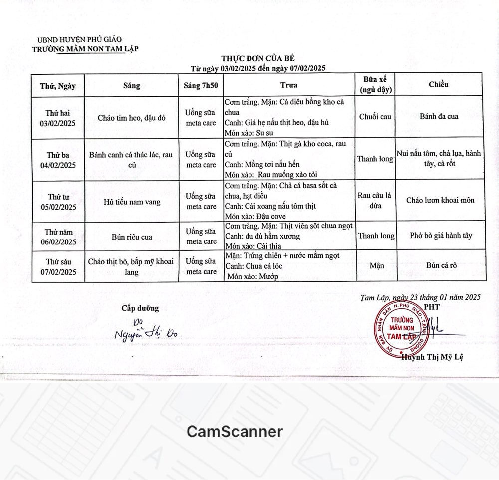 Thực đơn của bé Từ ngày 03-02 đến  07-02-2025