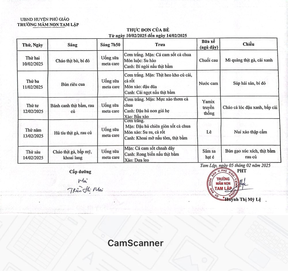Thực đơn của bé Từ ngày 10-02 đến 14-02-2025