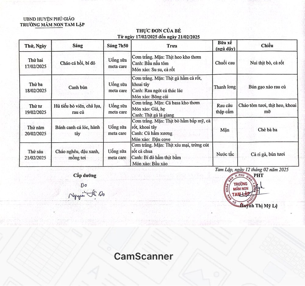 Thực đơn của bé Từ ngày 17-02 đến  21-02-2025