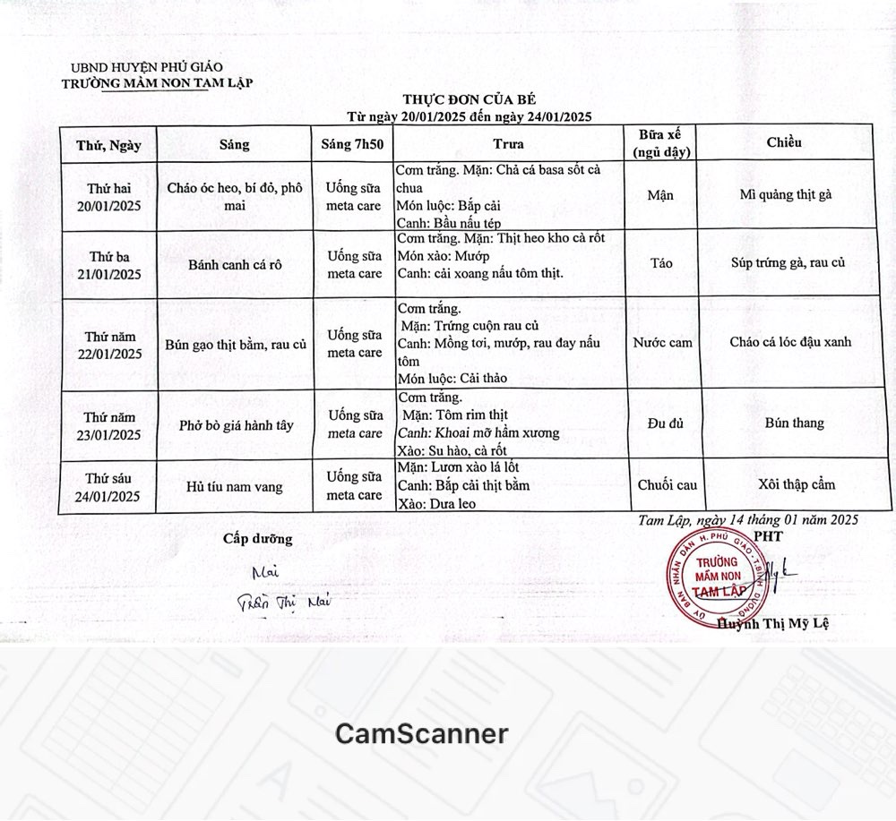 Thực đơn của bé Từ ngày 20-01 đến  24-01-2025