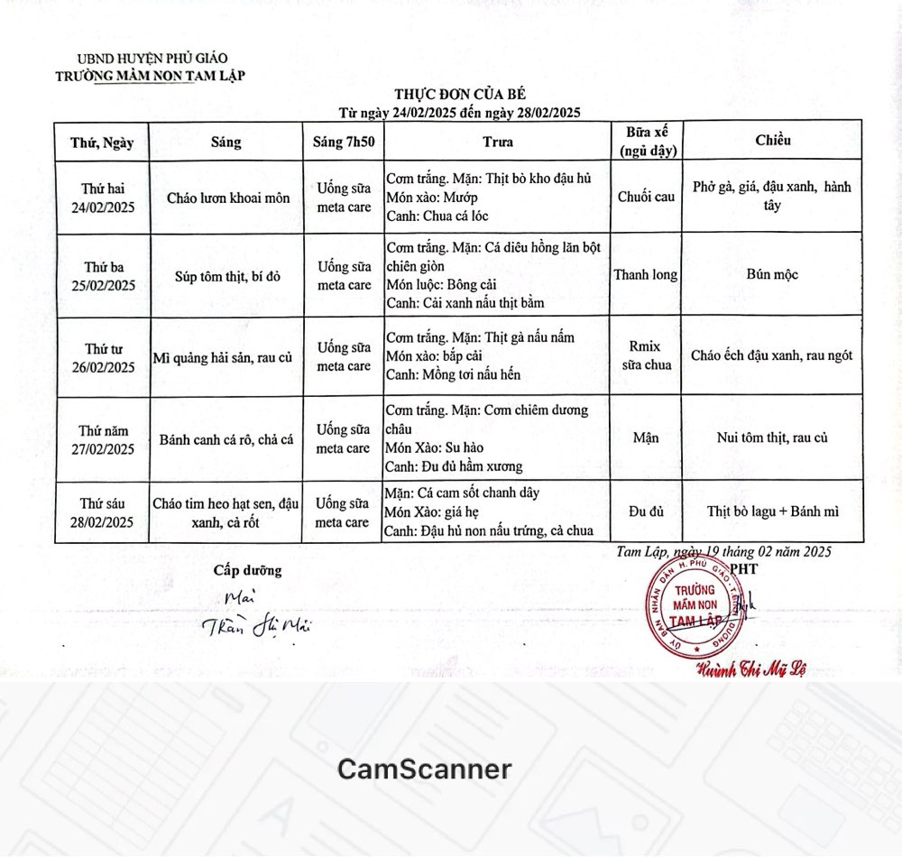 Thực đơn của bé Từ ngày 24-02 đến 28-02-2025