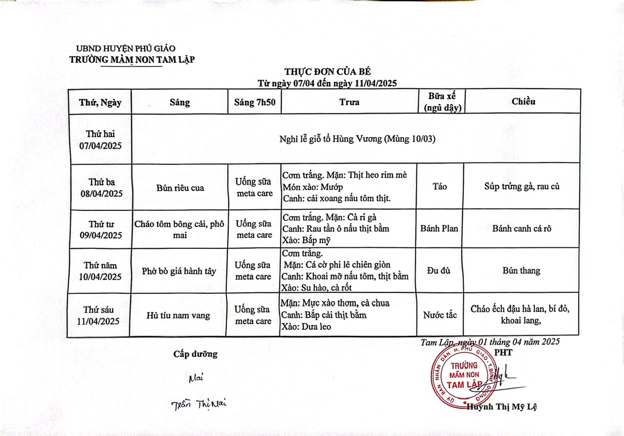 Thực đơn trong tuần của bé Từ ngày 08-04 đến 11-04-2025