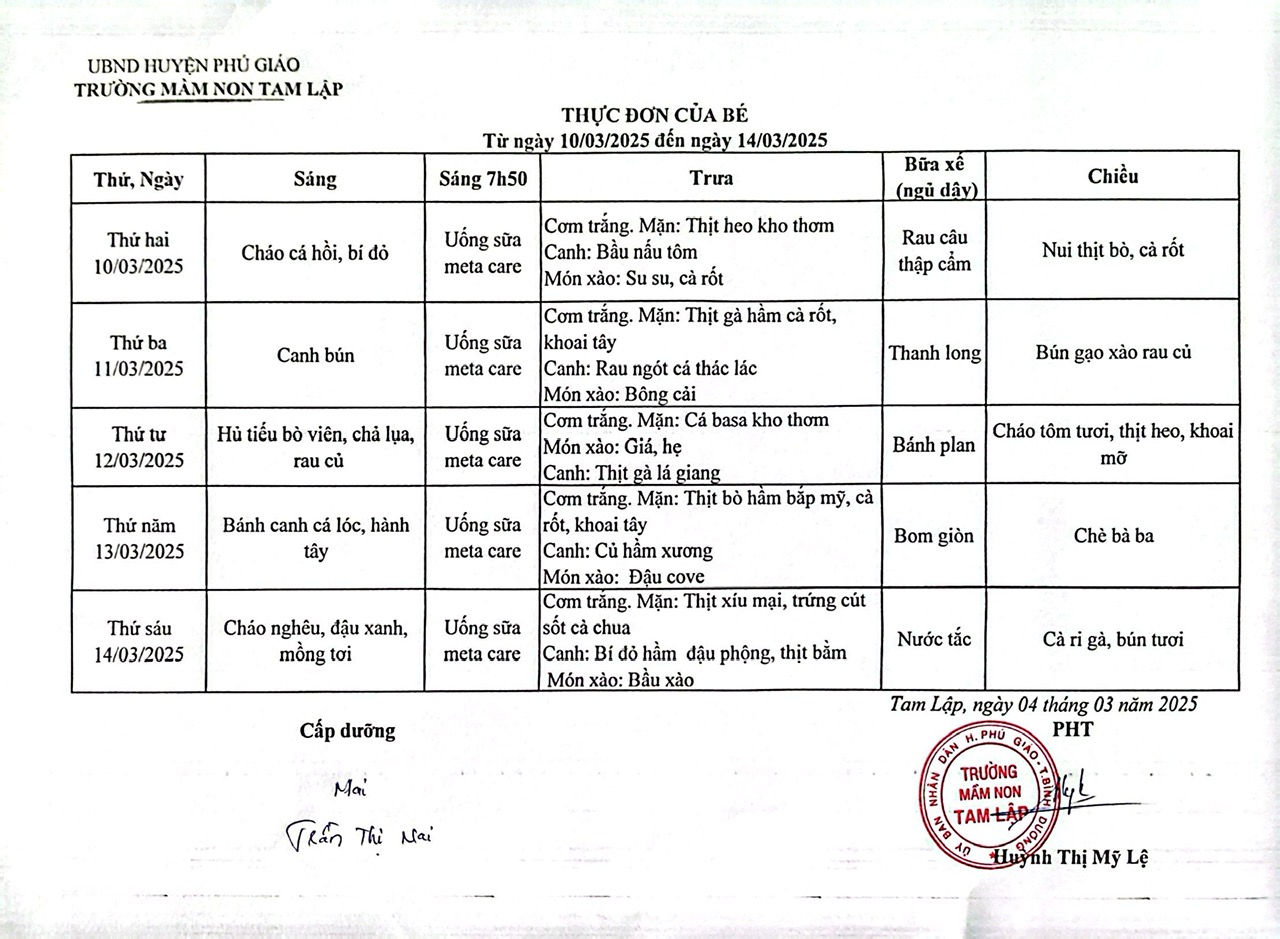 Thực đơn trong tuần của bé Từ ngày 10-03 đến  14-03-2025