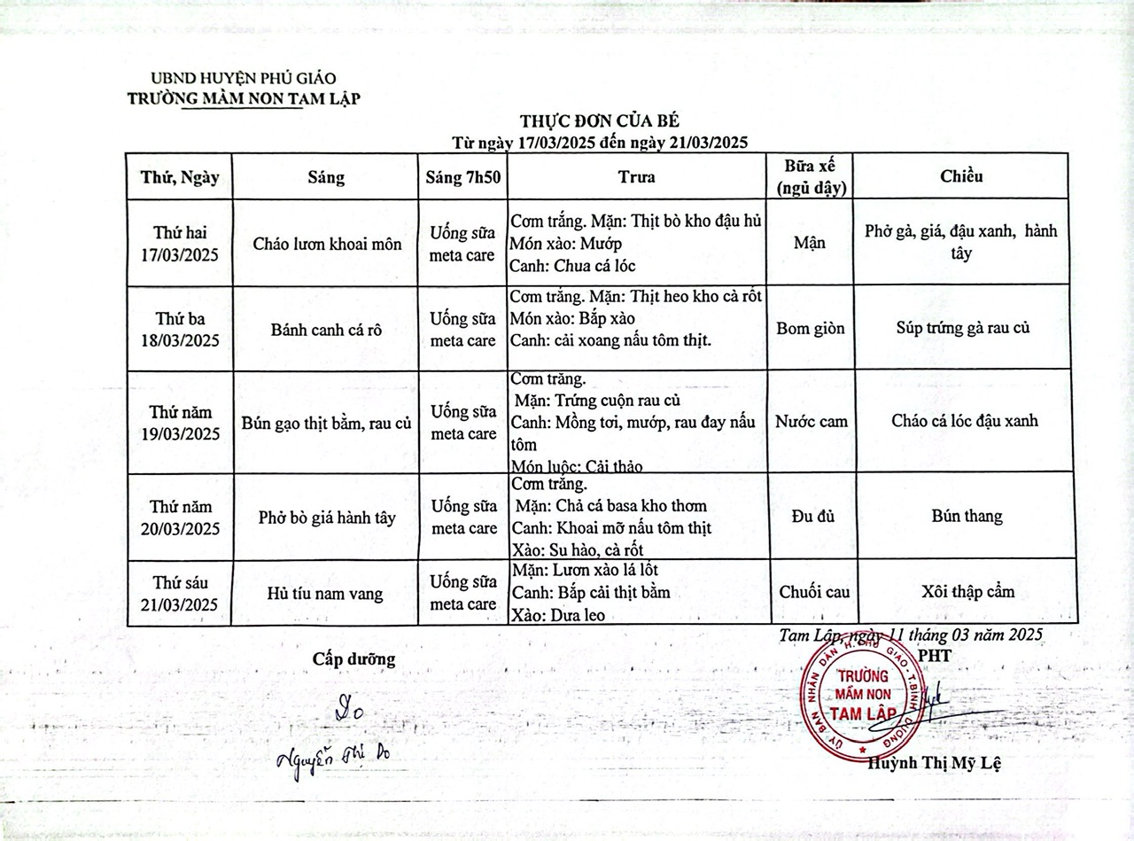 Thực đơn trong tuần của bé Từ ngày 17-03 đến  21-03-2025