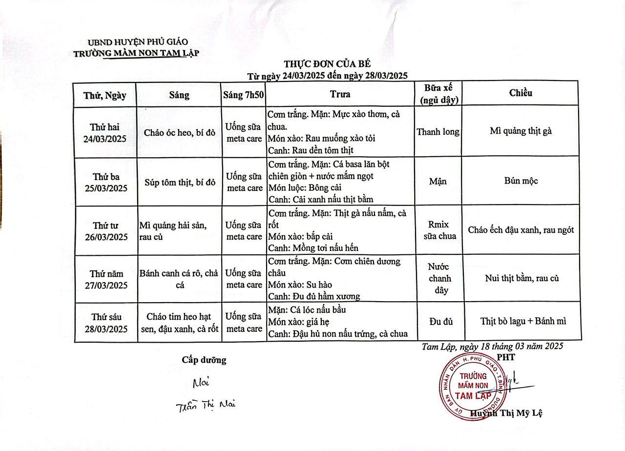 Thực đơn trong tuần của bé Từ ngày 24-03 đến  28-03-2025