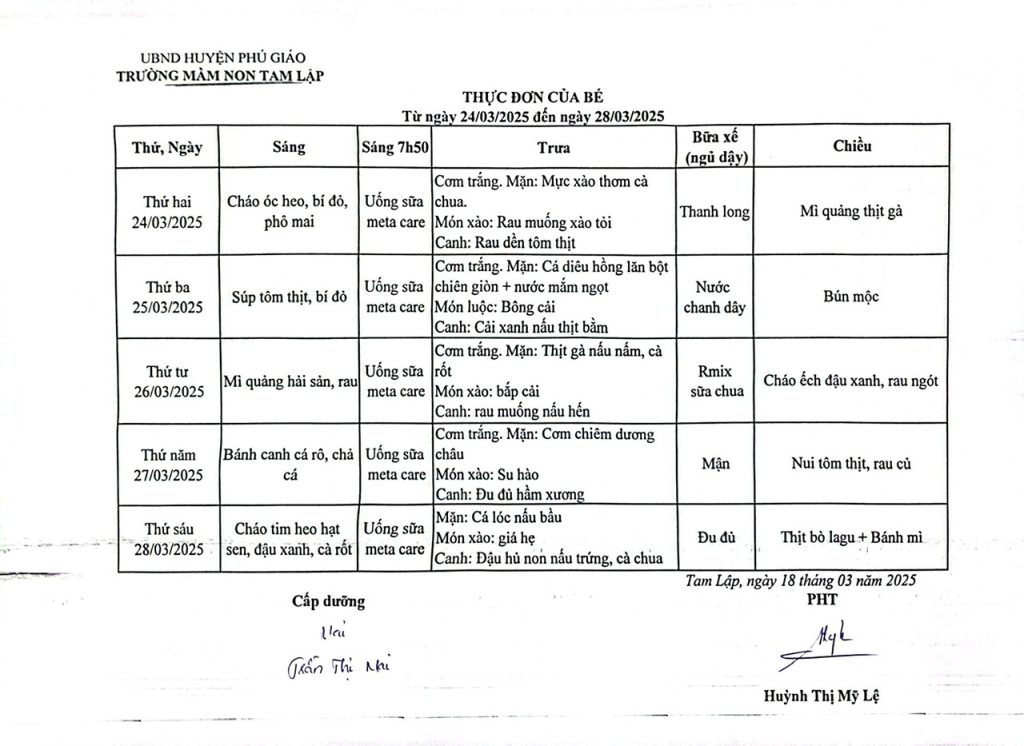 Thực đơn trong tuần của bé Từ ngày 24-03 đến  28-03-2025