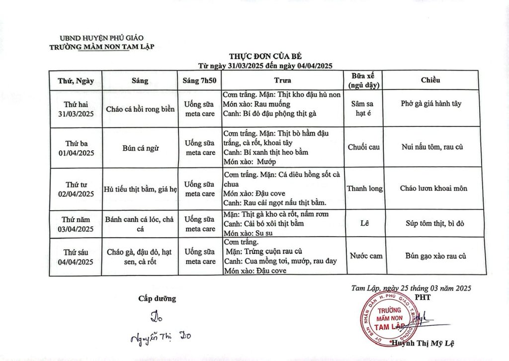Thực đơn trong tuần của bé Từ ngày 31-03 đến  04-04-2025