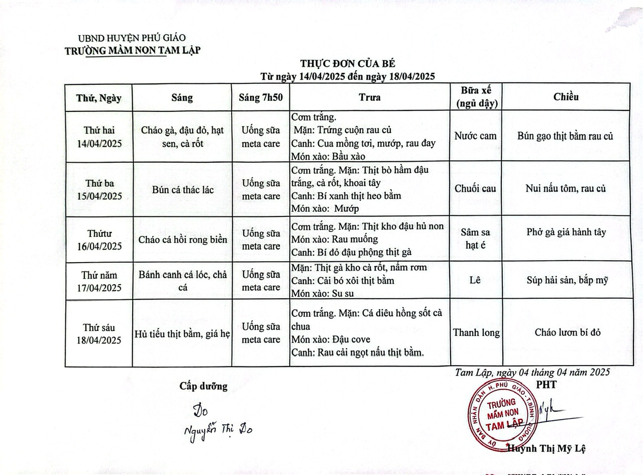 Thực đơn trong tuần của bé Từ ngày 14-04 đến 18-04-2025