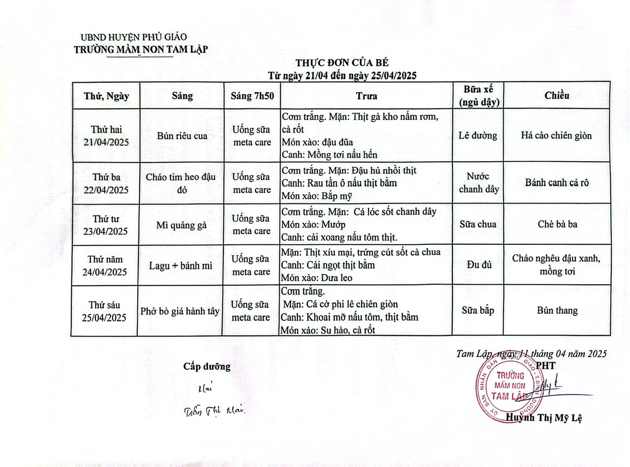 Thực đơn trong tuần của bé Từ ngày 21-04 đến 25-04-2025