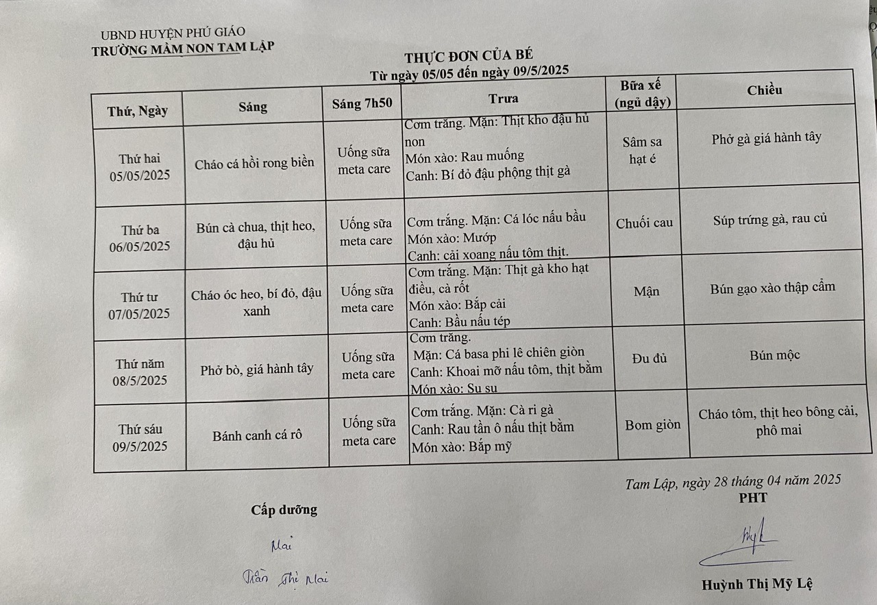 Thực đơn của bé từ 5-5 đến 9-5-2025