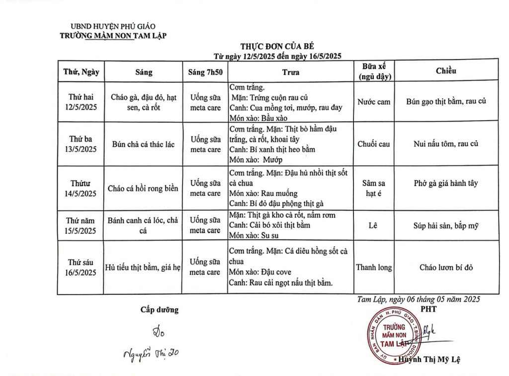 Thực đơn trong tuần của bé Từ ngày  12-05 đến16-5-2025